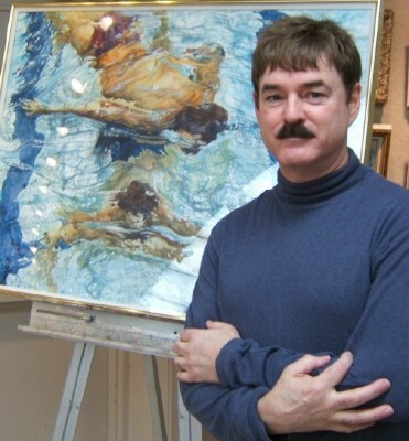 Ken Landen Buck with one of his paintings of swimmers, for which is he well known.